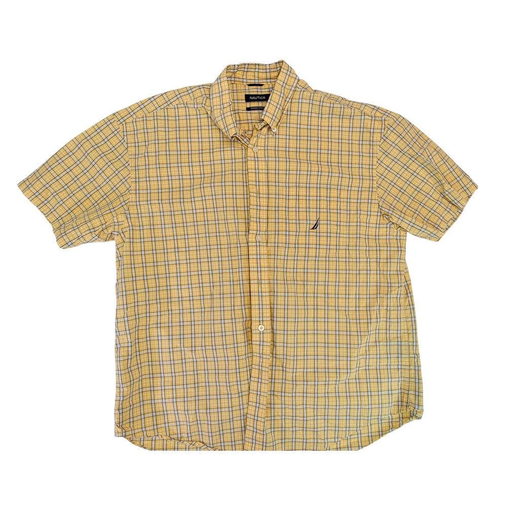 Nautica Mens Yellow Plaid Short Sleeve Button Down Shirt XL Sanded Poplin Casual